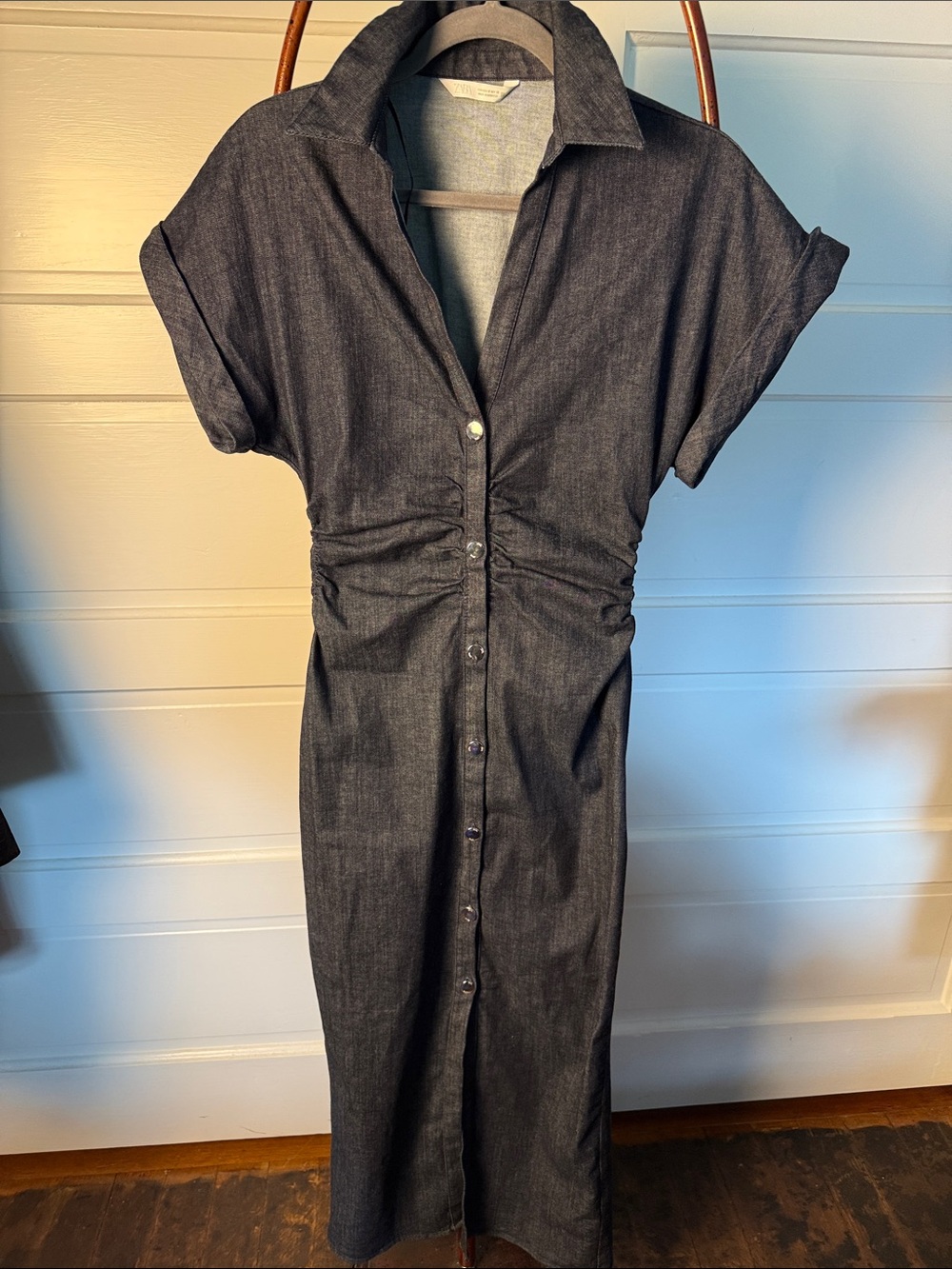 Zara Denim Maxi Dress Ruched Cinched Waist Snap Front Dolman Sleeve